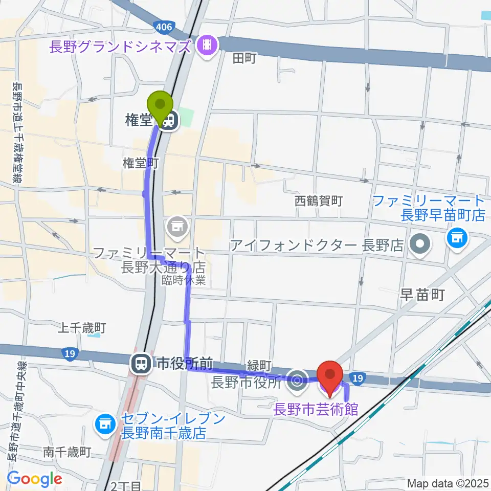 権堂駅から長野市芸術館へのルートマップ地図