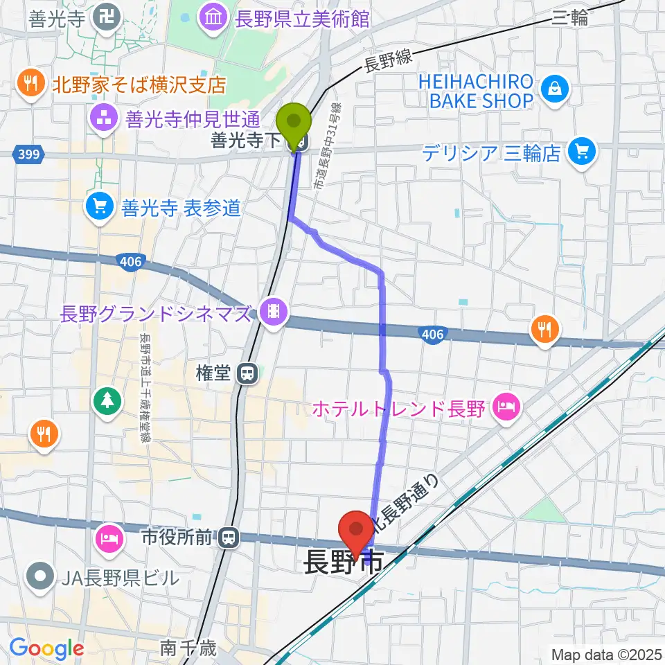 善光寺下駅から長野市芸術館へのルートマップ地図