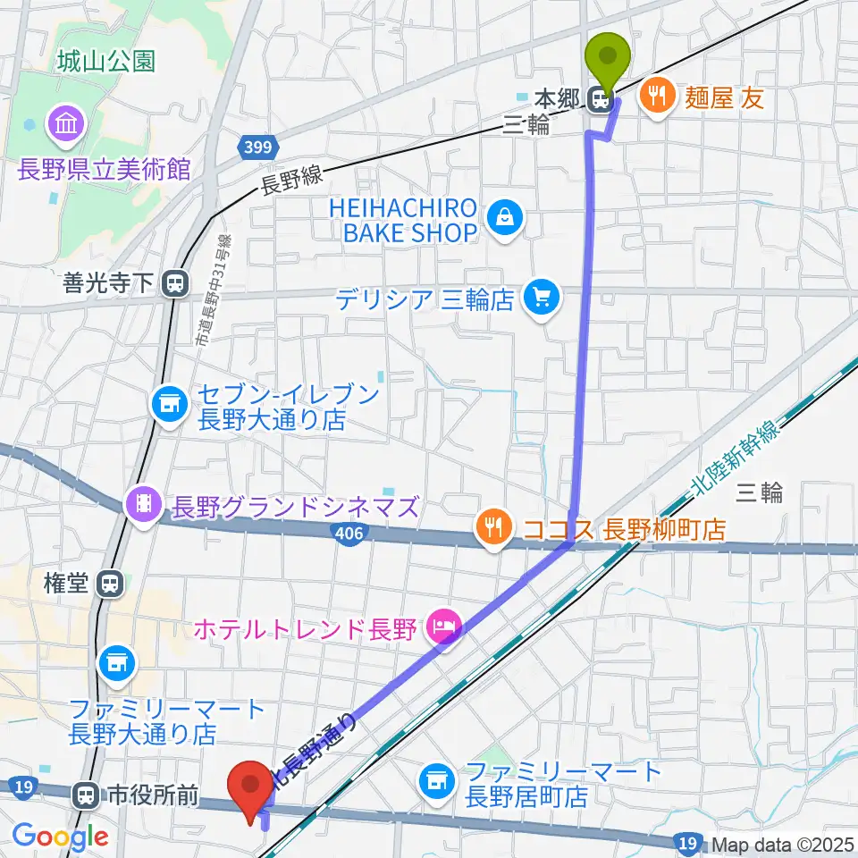 本郷駅から長野市芸術館へのルートマップ地図
