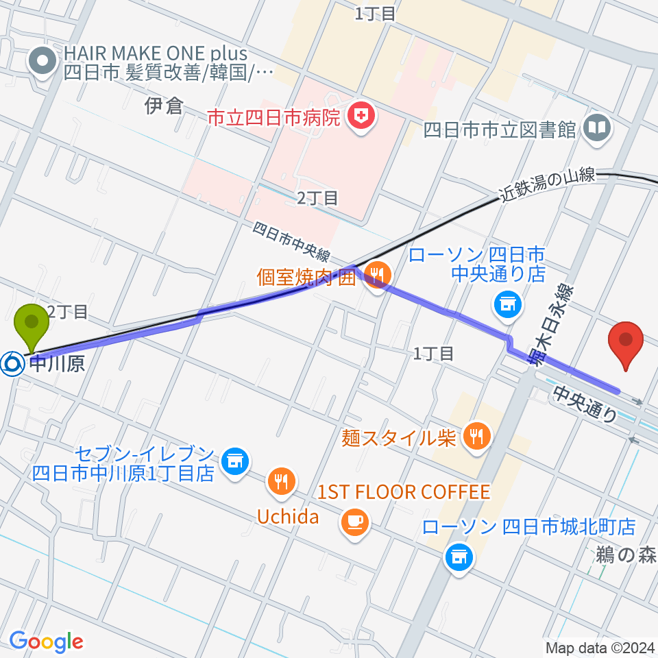 中川原駅から四日市 ドレミファといろはへのルートマップ地図