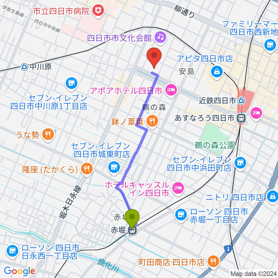 赤堀駅から四日市 ドレミファといろはへのルートマップ地図