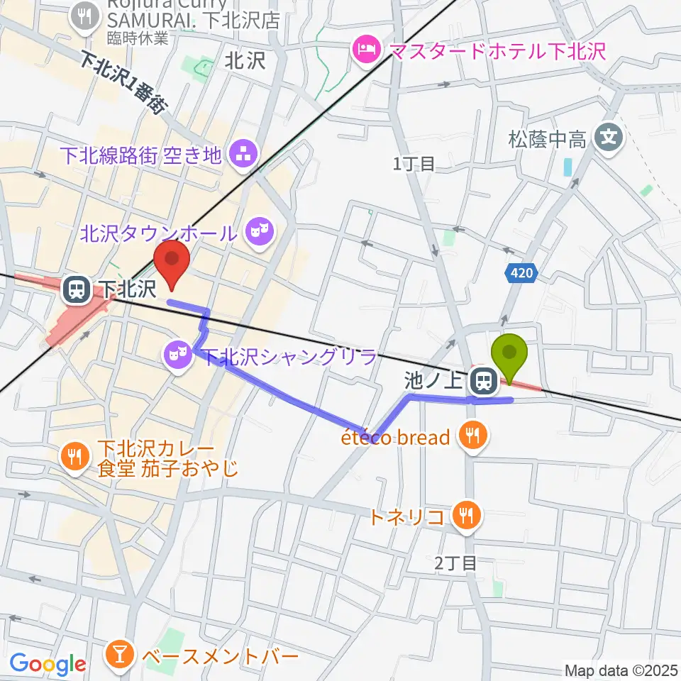 池ノ上駅から新宿レコードへのルートマップ地図