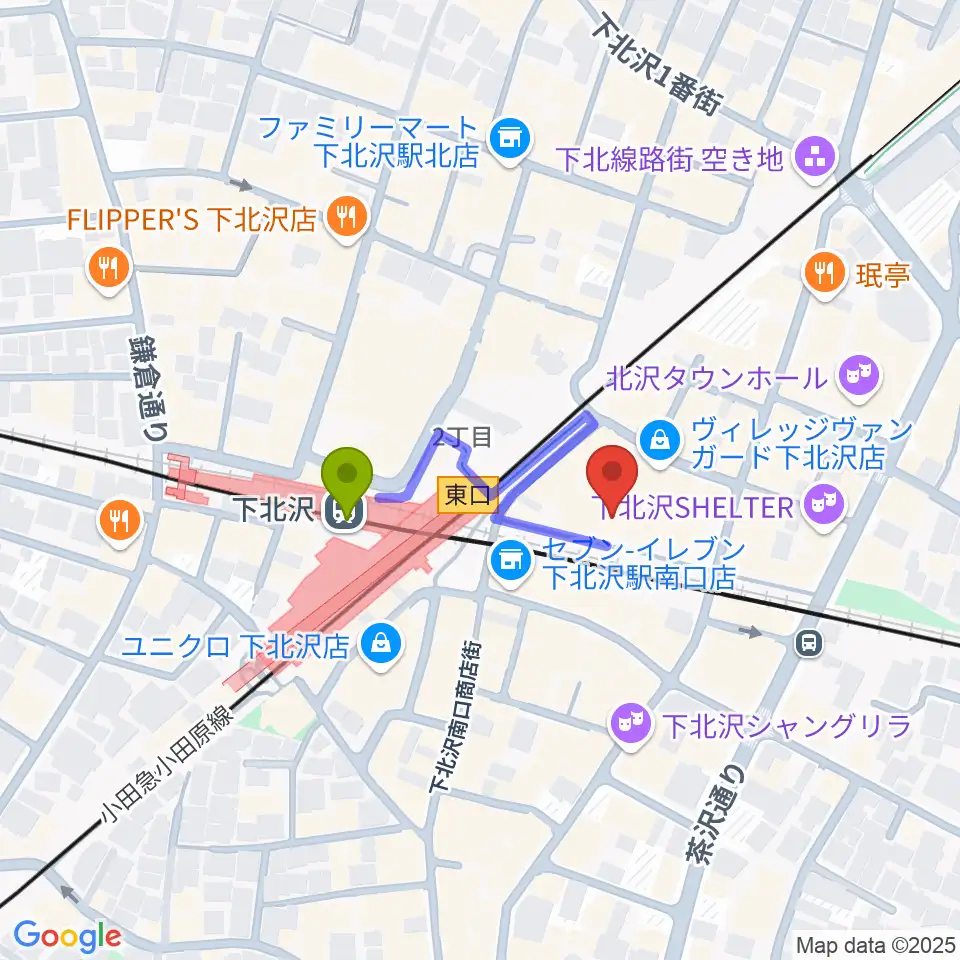 新宿レコードの最寄駅下北沢駅からの徒歩ルート（約2分）地図