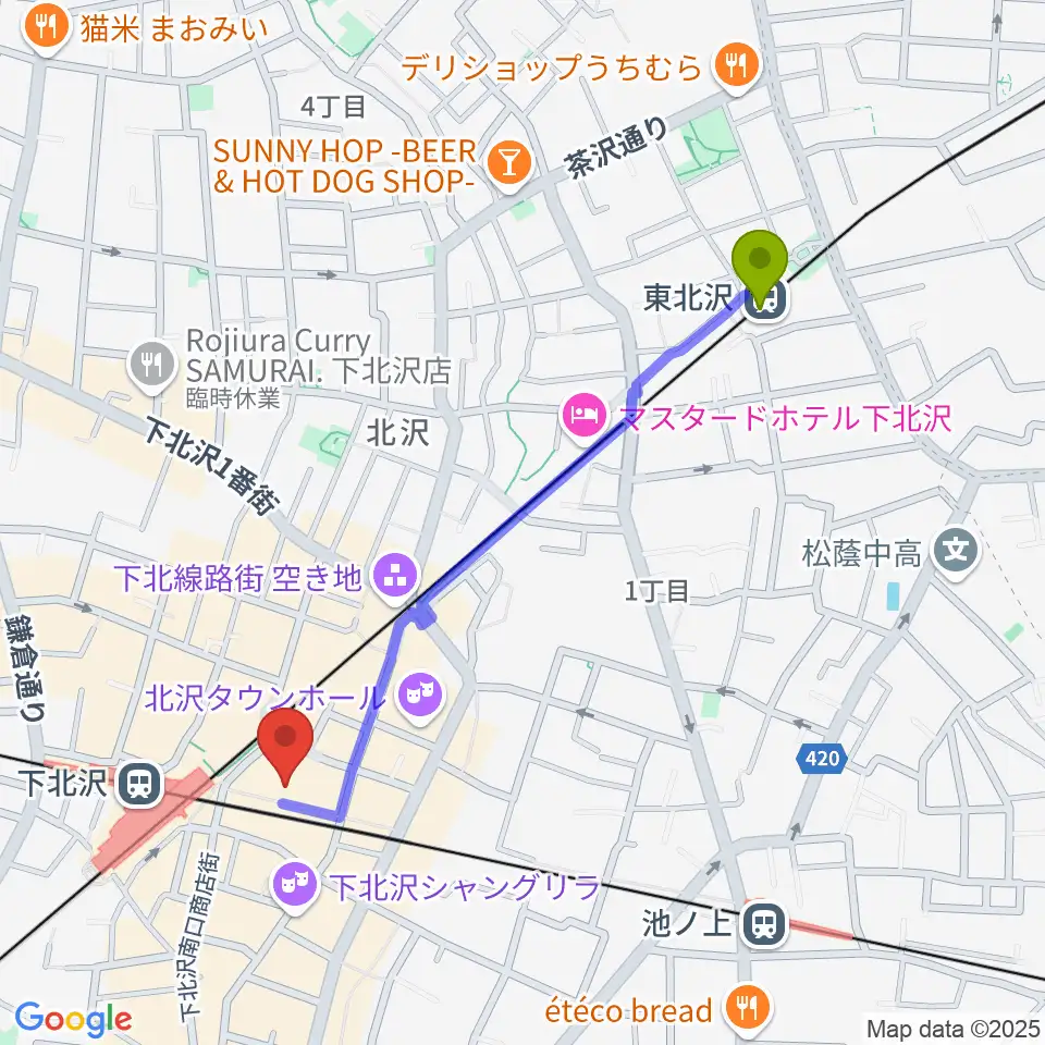 東北沢駅から新宿レコードへのルートマップ地図