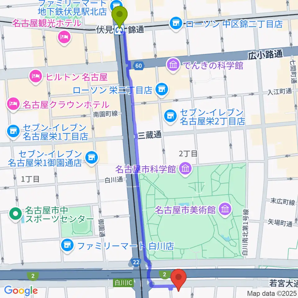 伏見駅からDISK HEAVEN 名古屋へのルートマップ地図
