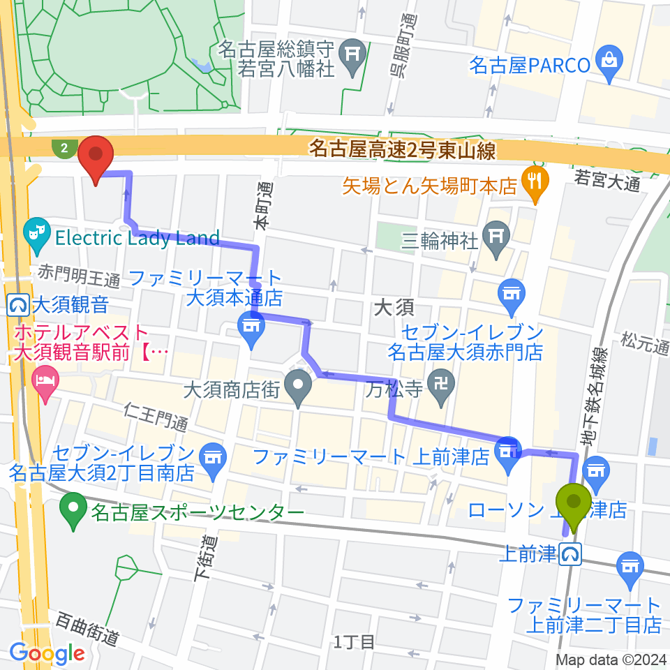 上前津駅からDISK HEAVEN 名古屋へのルートマップ地図
