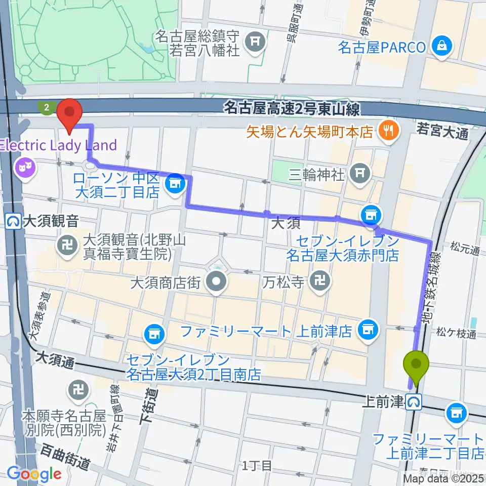 上前津駅からDISK HEAVEN 名古屋へのルートマップ地図