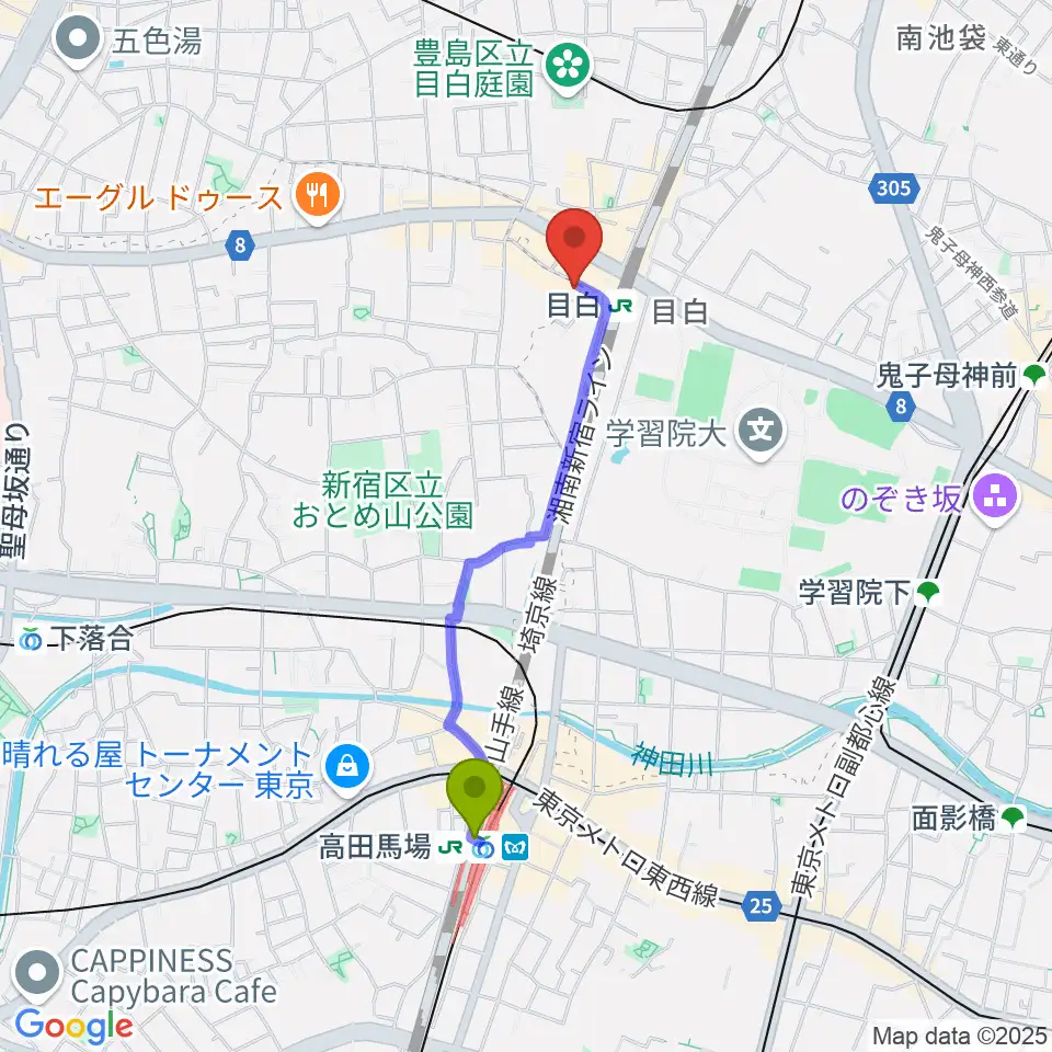 高田馬場駅からWORLD DISQUEへのルートマップ地図