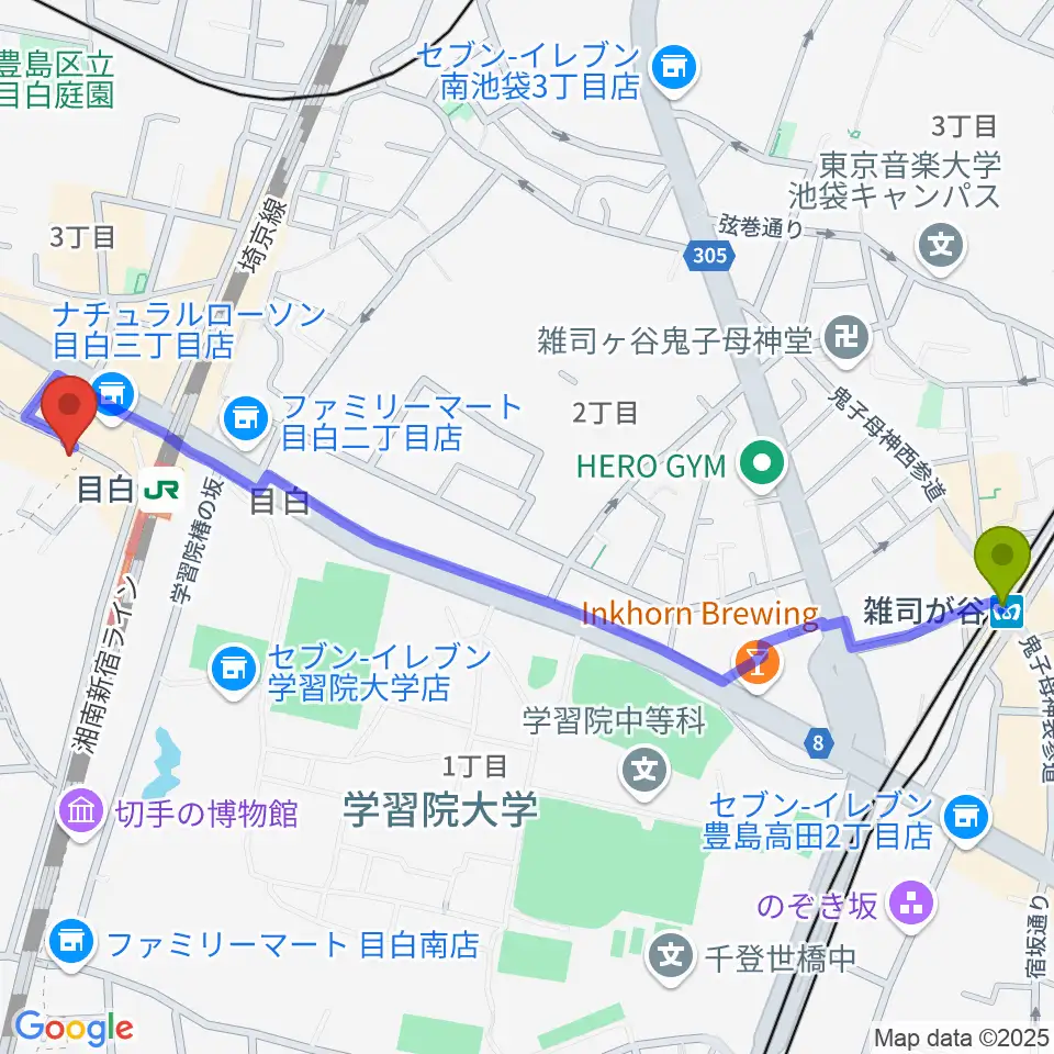 雑司が谷駅からWORLD DISQUEへのルートマップ地図
