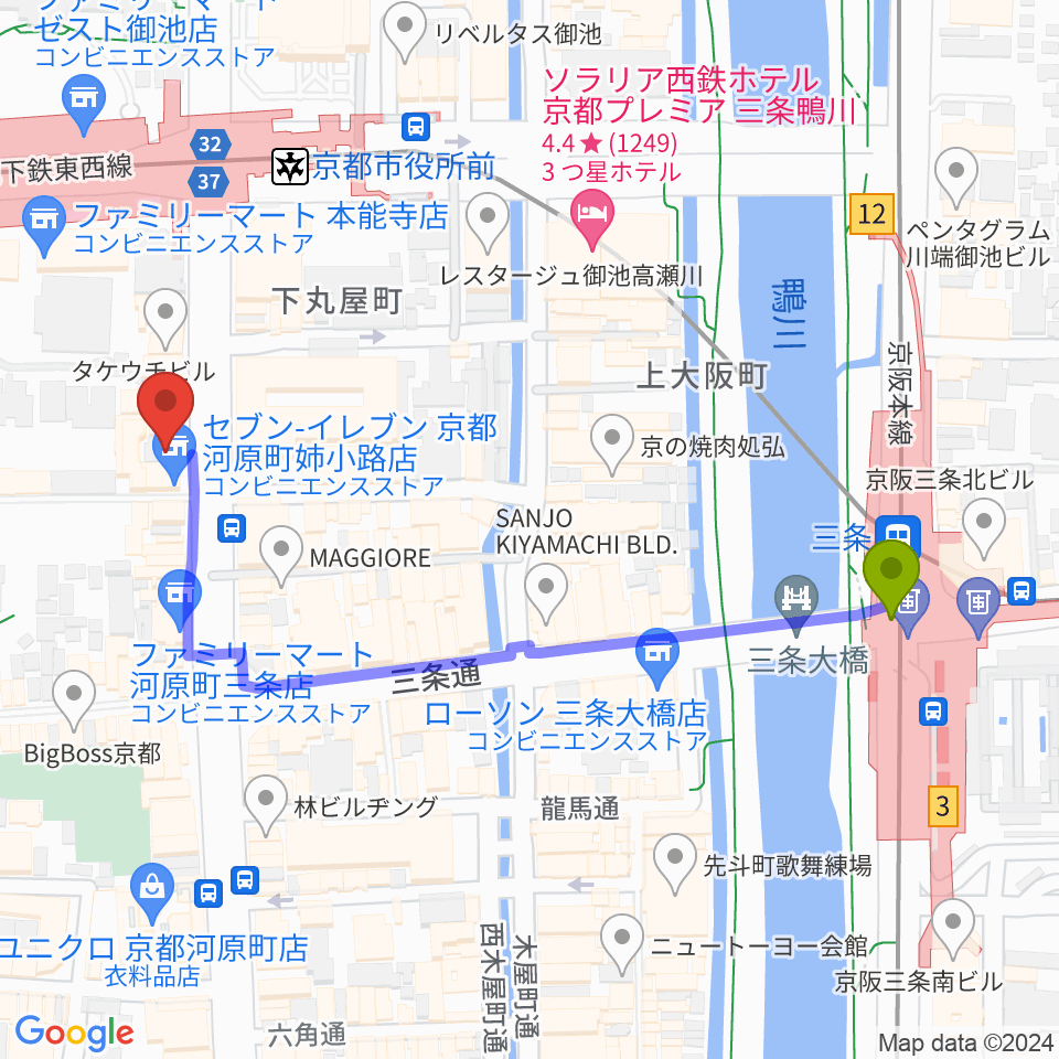 三条駅からJET SET京都本店へのルートマップ地図