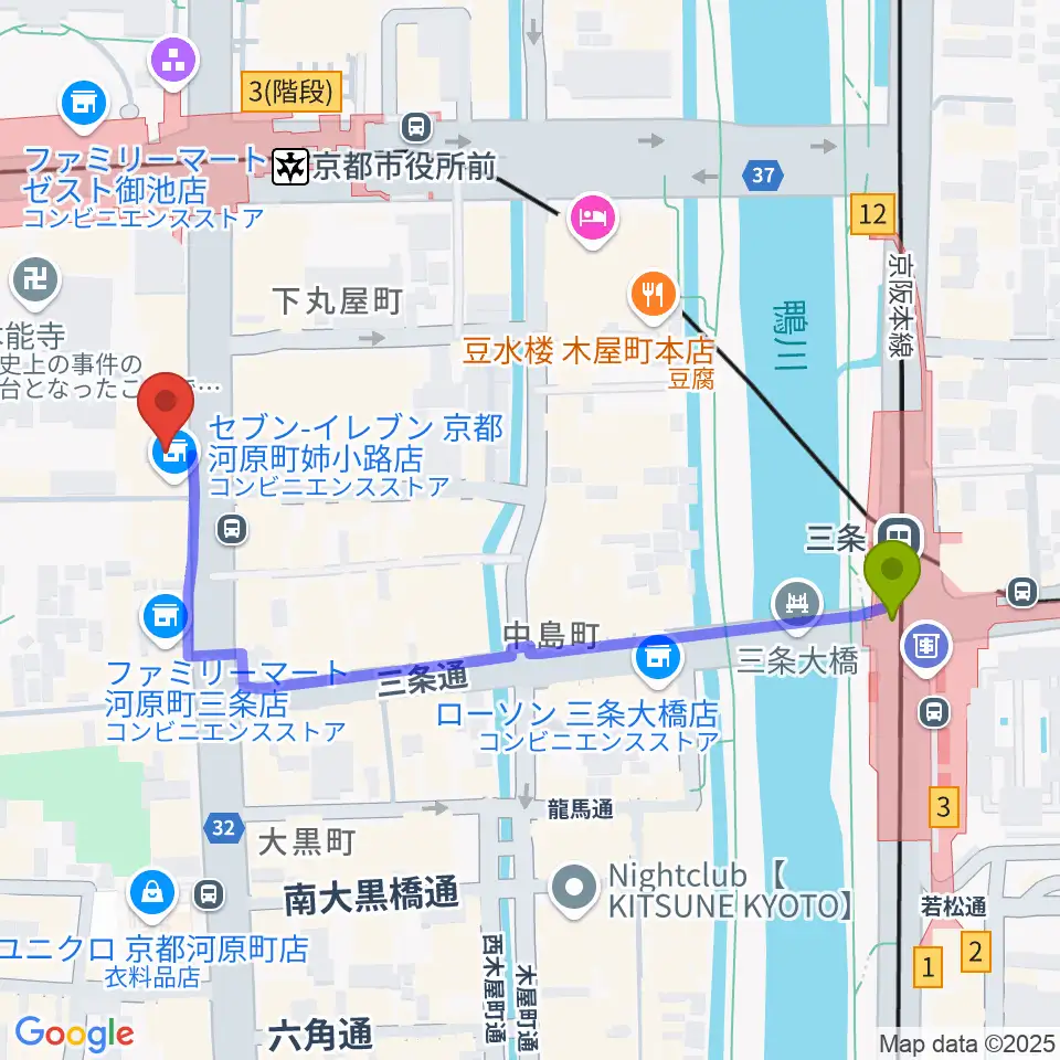 三条駅からJET SET京都店へのルートマップ地図