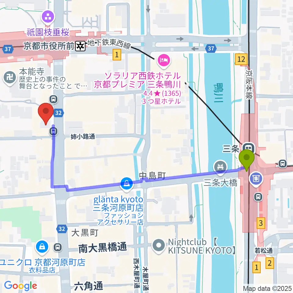 三条駅からJET SET京都店へのルートマップ地図