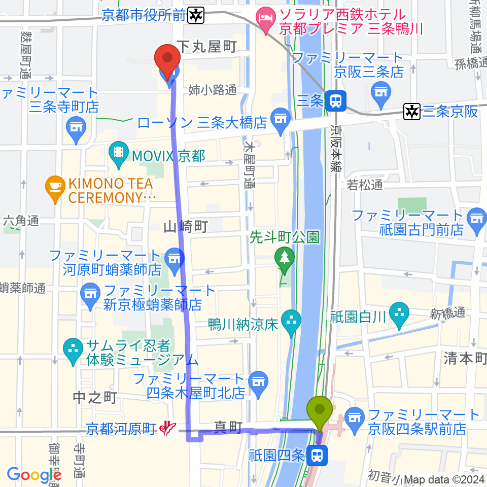 祇園四条駅からJET SET京都本店へのルートマップ地図