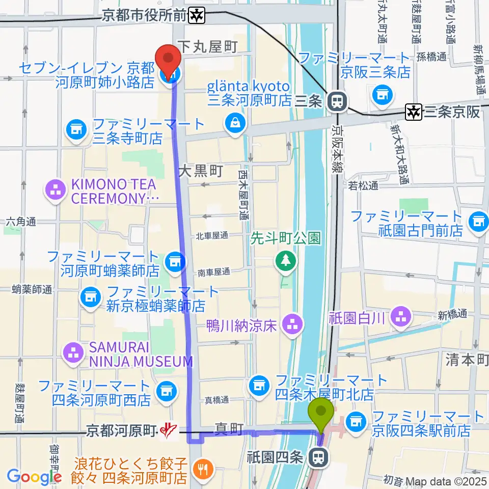 祇園四条駅からJET SET京都店へのルートマップ地図