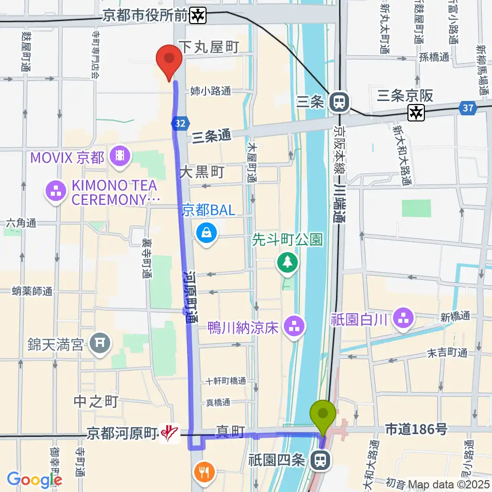 祇園四条駅からJET SET京都店へのルートマップ地図