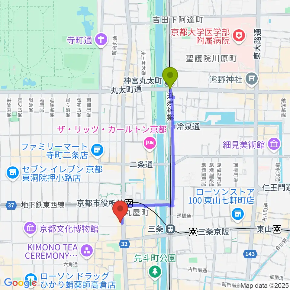 神宮丸太町駅からJET SET京都店へのルートマップ地図