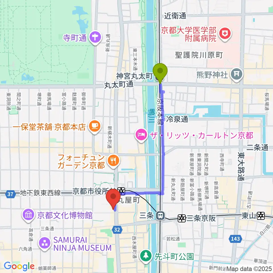 神宮丸太町駅からJET SET京都店へのルートマップ地図