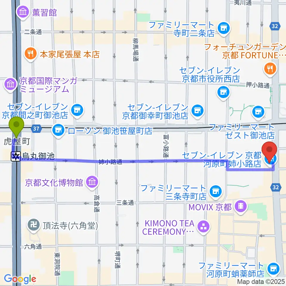 烏丸御池駅からJET SET京都店へのルートマップ地図