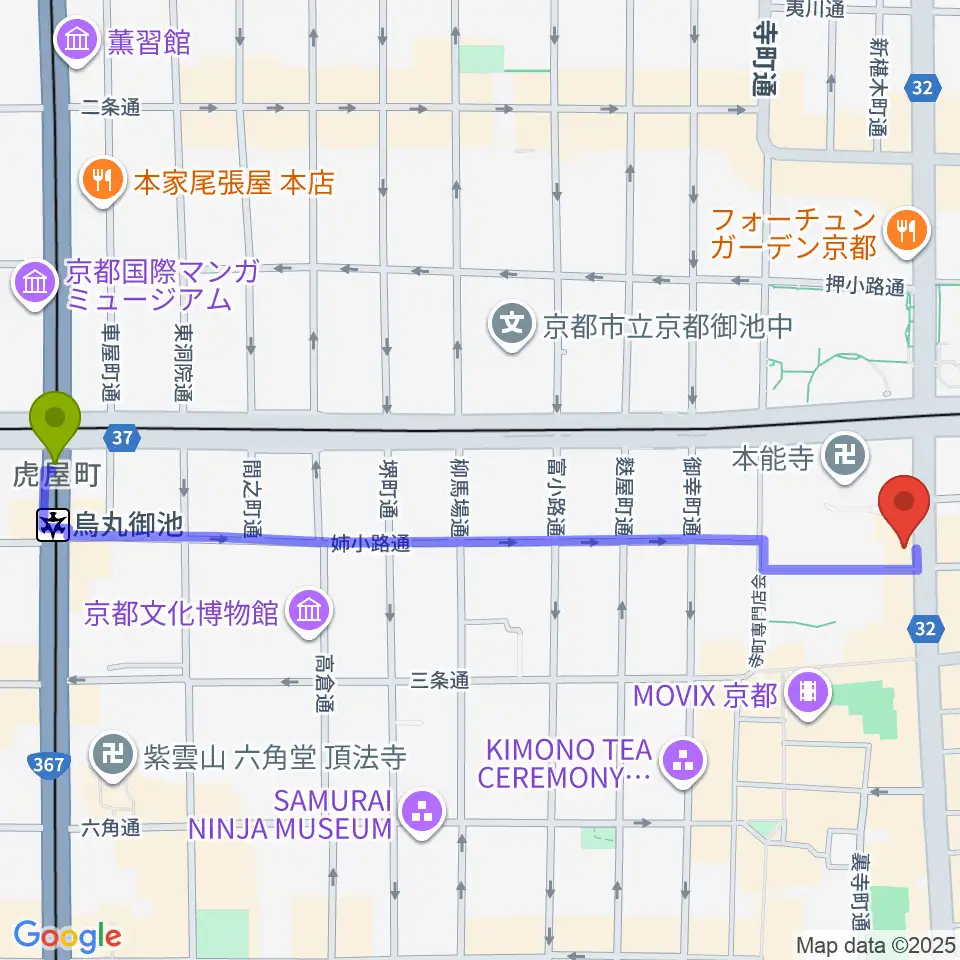 烏丸御池駅からJET SET京都店へのルートマップ地図