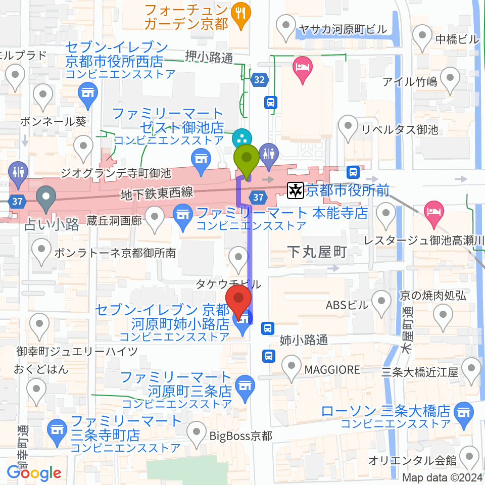 JET SET京都本店の最寄駅京都市役所前駅からの徒歩ルート（約2分）地図