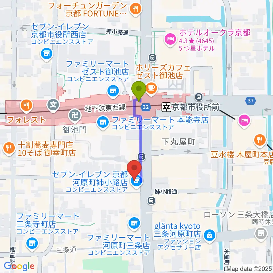 JET SET京都店の最寄駅京都市役所前駅からの徒歩ルート（約2分）地図
