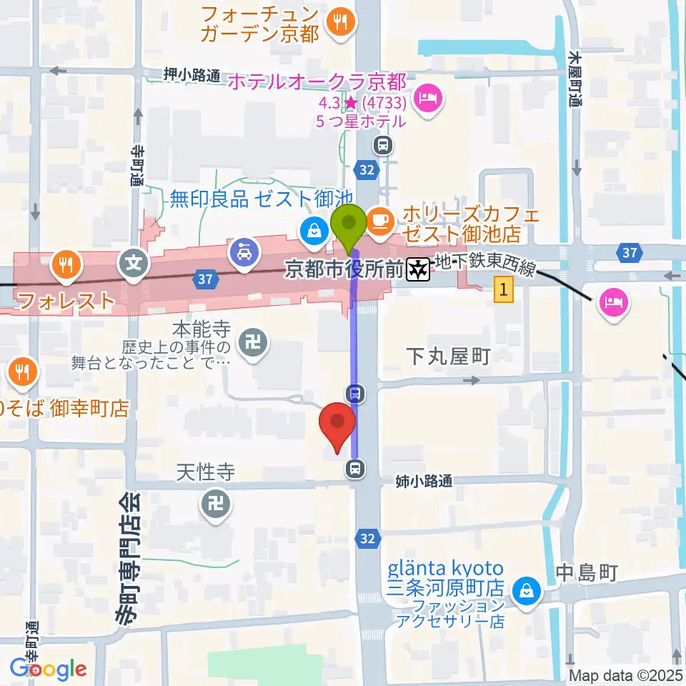 JET SET京都店の最寄駅京都市役所前駅からの徒歩ルート（約2分）地図