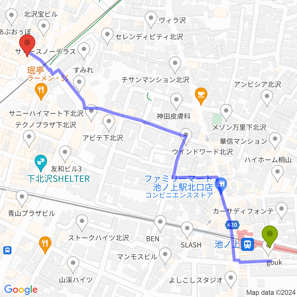 池ノ上駅からJET SET TOKYO下北沢店へのルートマップ地図