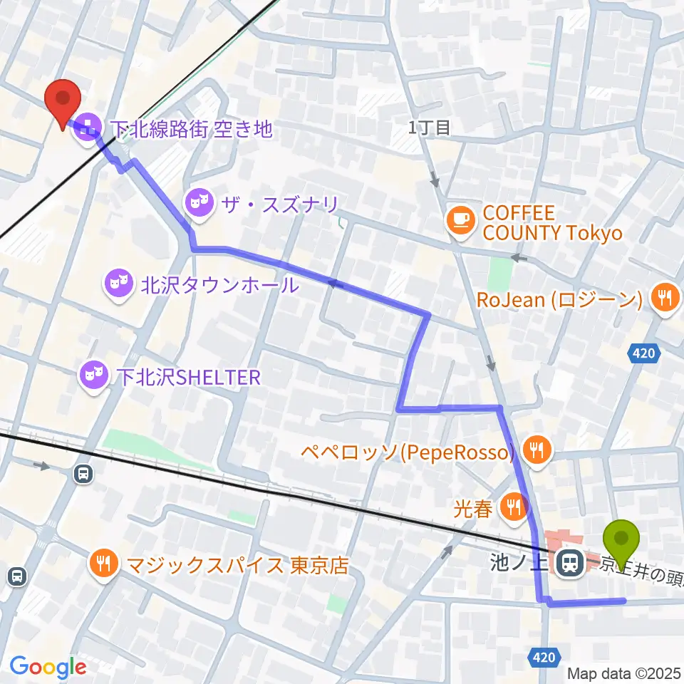 池ノ上駅からJET SET TOKYO下北沢店へのルートマップ地図
