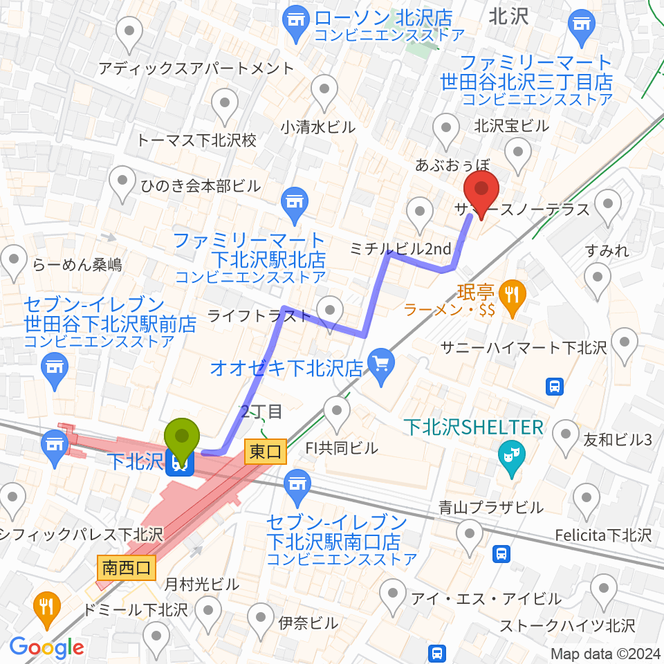 JET SET TOKYO下北沢店の最寄駅下北沢駅からの徒歩ルート（約5分）地図