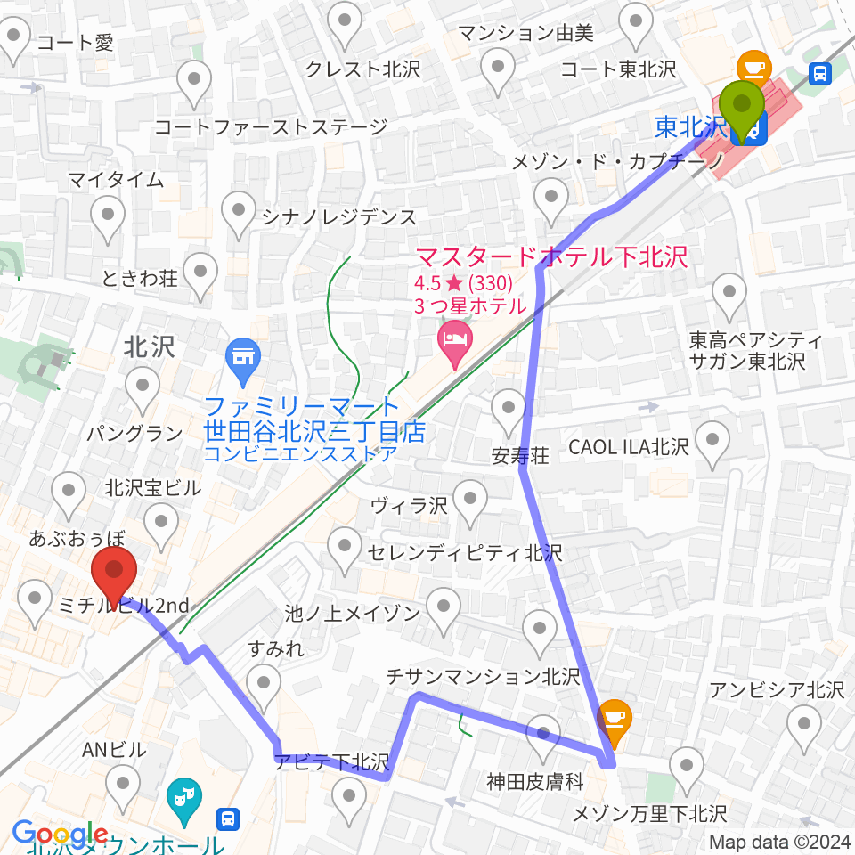 東北沢駅からJET SET TOKYO下北沢店へのルートマップ地図