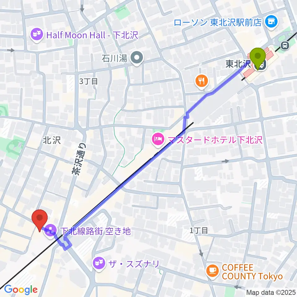 東北沢駅からJET SET TOKYO下北沢店へのルートマップ地図