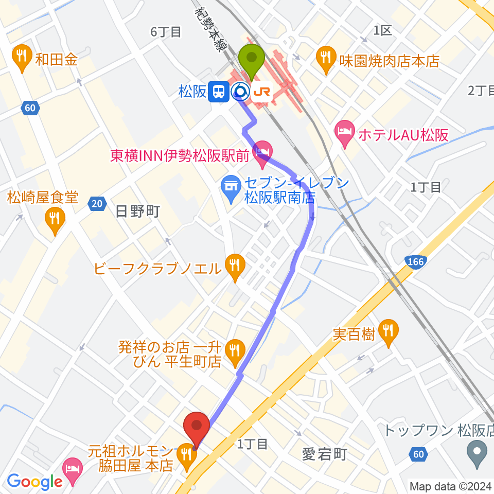 松阪ROCKERS CLUBの最寄駅松阪駅からの徒歩ルート（約12分）地図