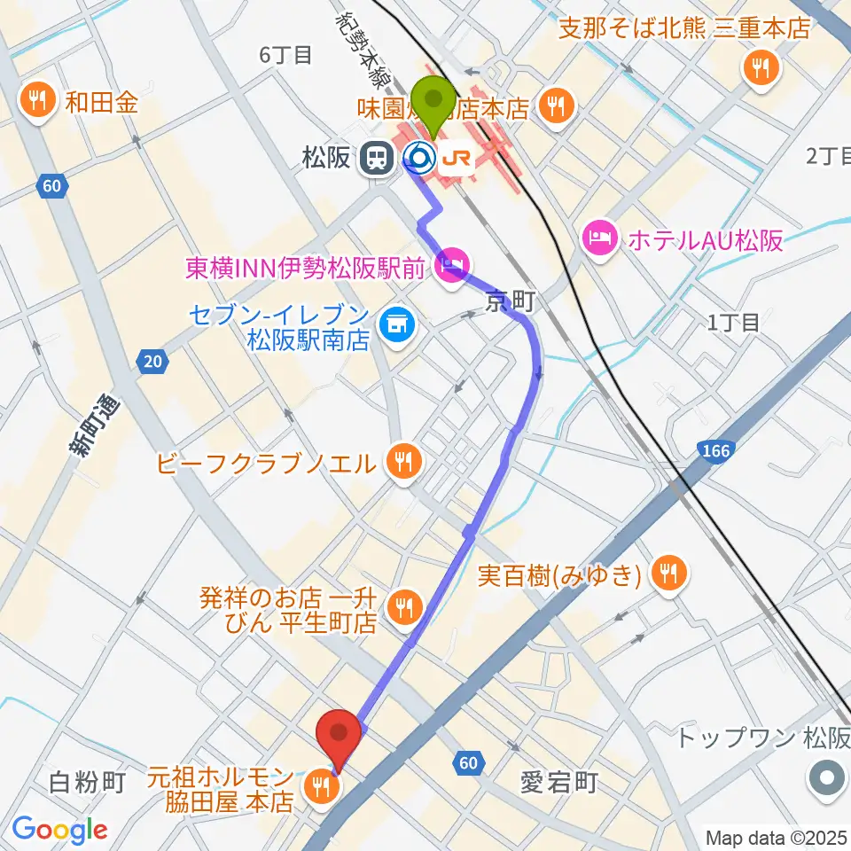松阪ROCKERS CLUBの最寄駅松阪駅からの徒歩ルート（約12分）地図