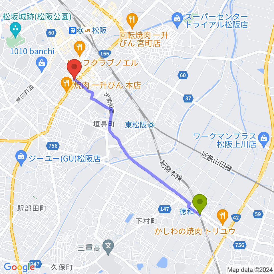 徳和駅から松阪ROCKERS CLUBへのルートマップ地図