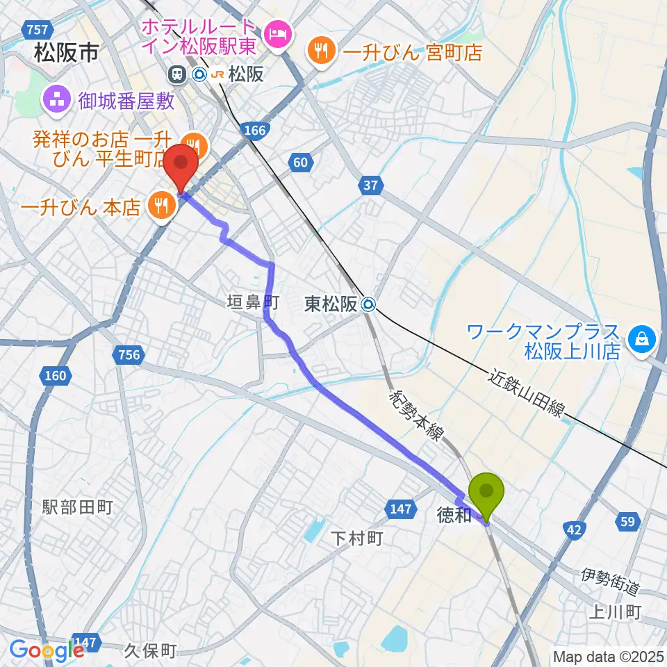 徳和駅から松阪ROCKERS CLUBへのルートマップ地図