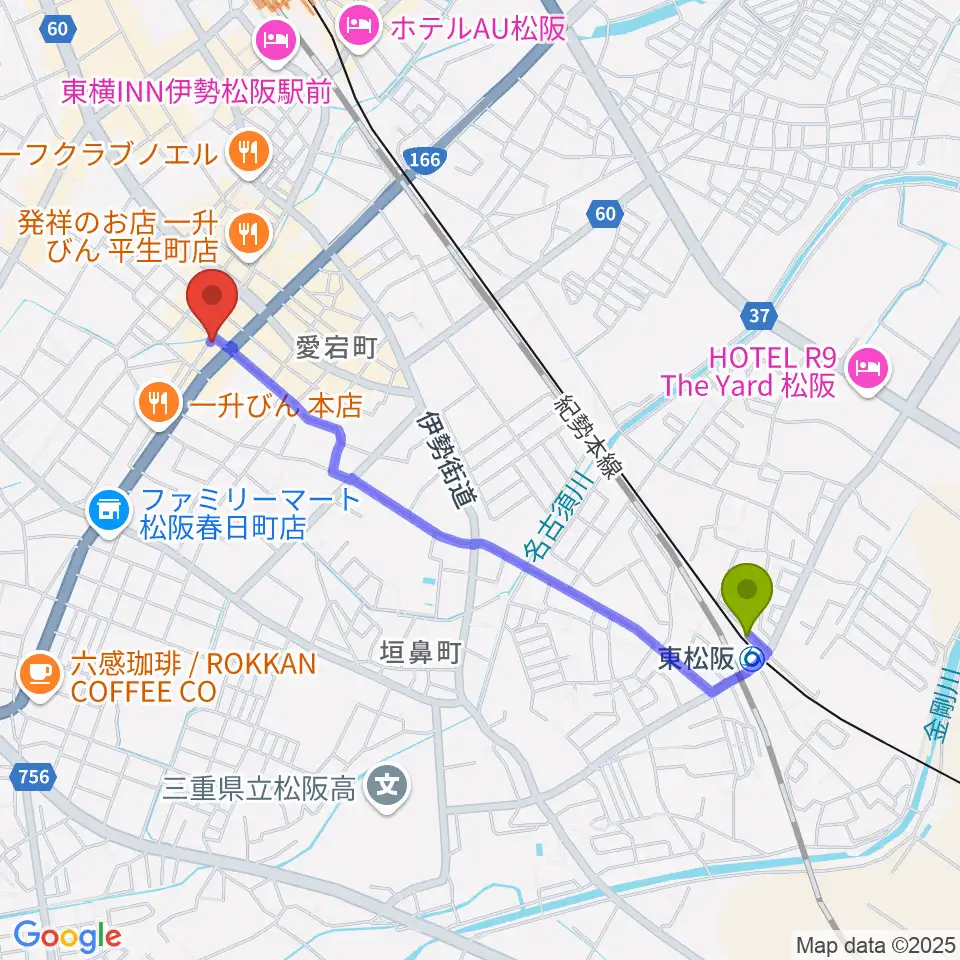 東松阪駅から松阪ROCKERS CLUBへのルートマップ地図