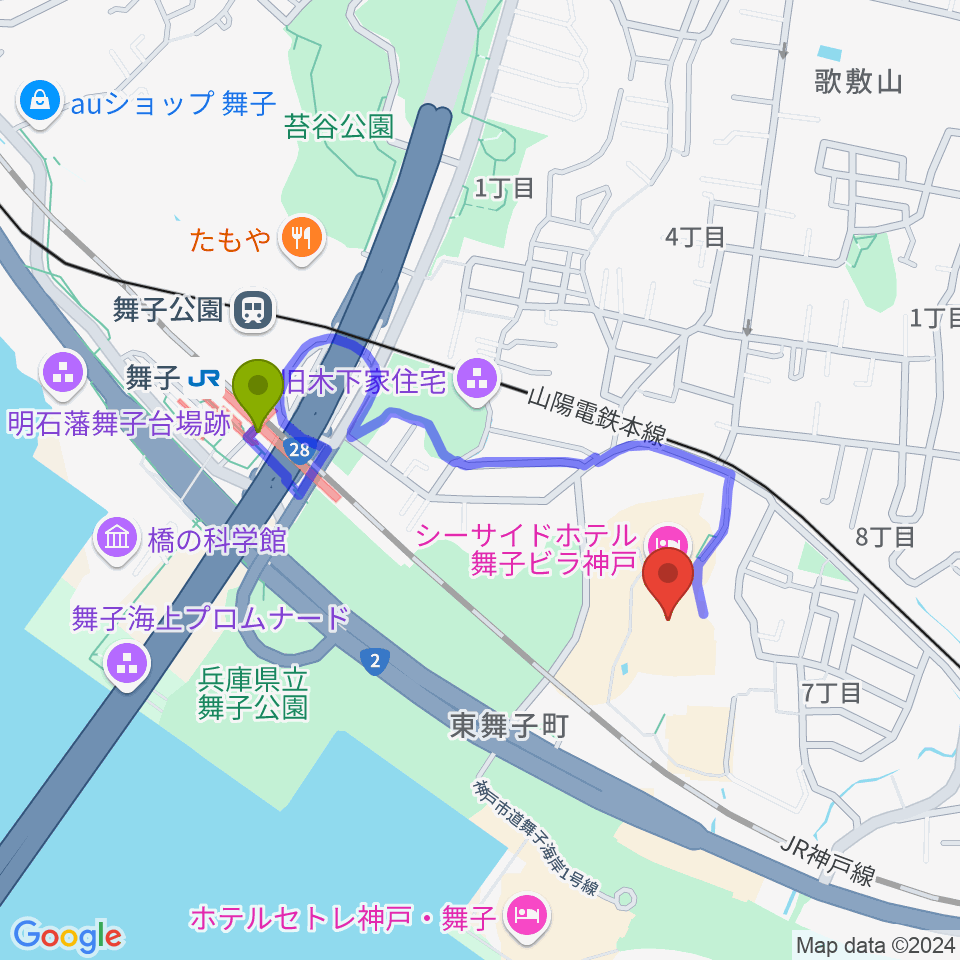 舞子駅から舞子ビラ神戸あじさいホールへのルートマップ地図