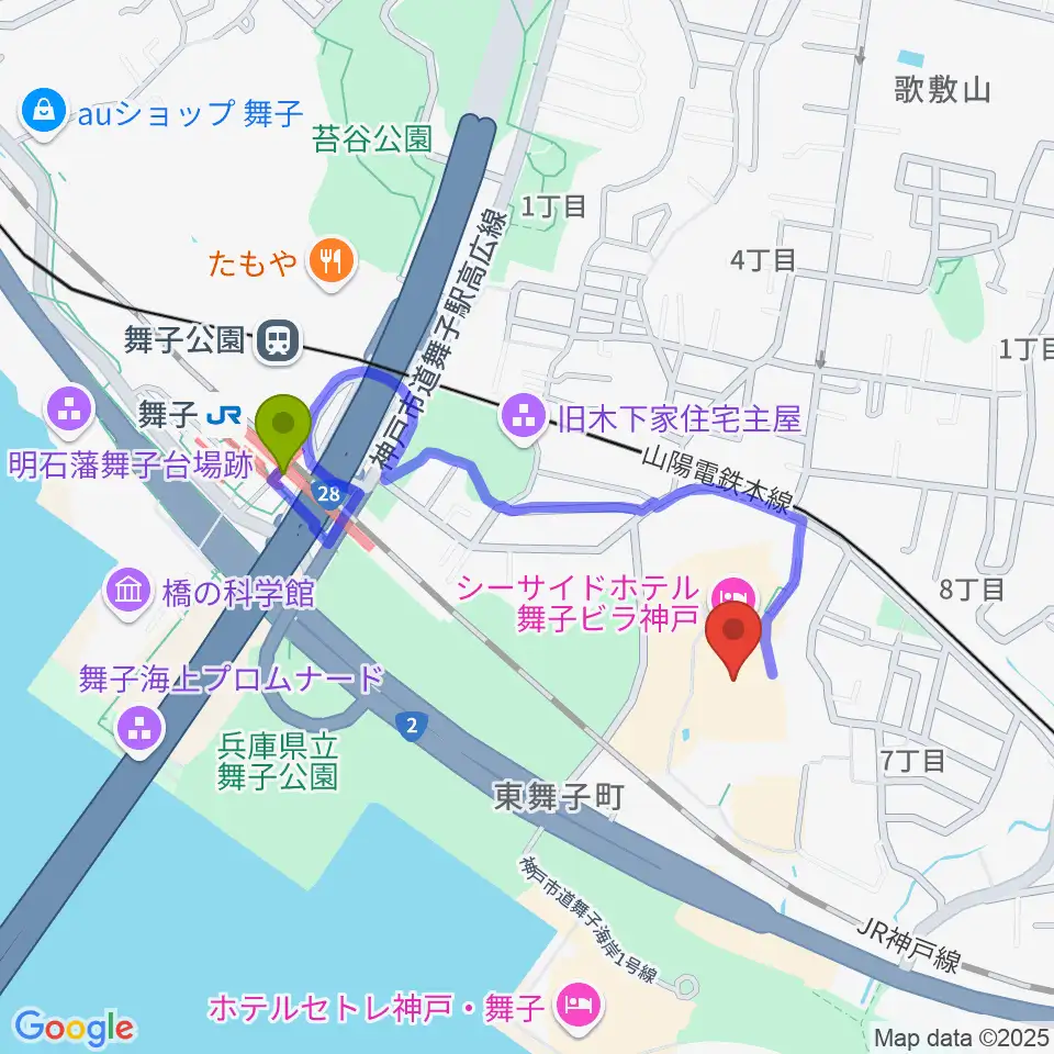 舞子駅から舞子ビラ神戸あじさいホールへのルートマップ地図