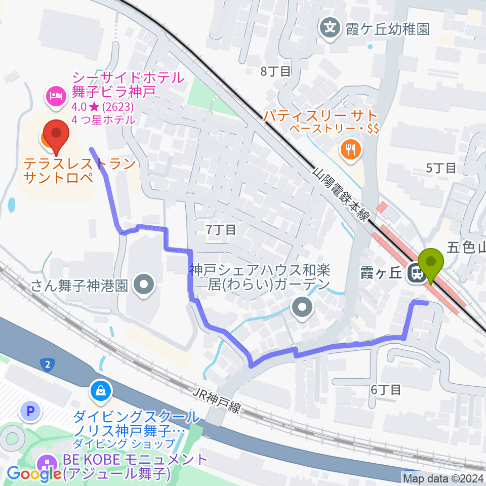 舞子ビラ神戸あじさいホールの最寄駅霞ヶ丘駅からの徒歩ルート（約6分）地図