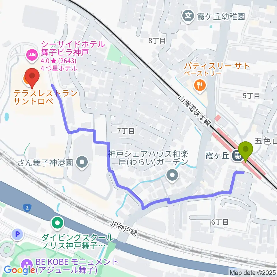 舞子ビラ神戸あじさいホールの最寄駅霞ヶ丘駅からの徒歩ルート（約6分）地図