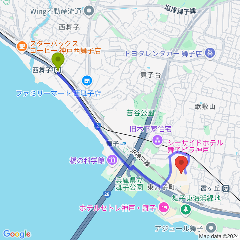 西舞子駅から舞子ビラ神戸あじさいホールへのルートマップ地図