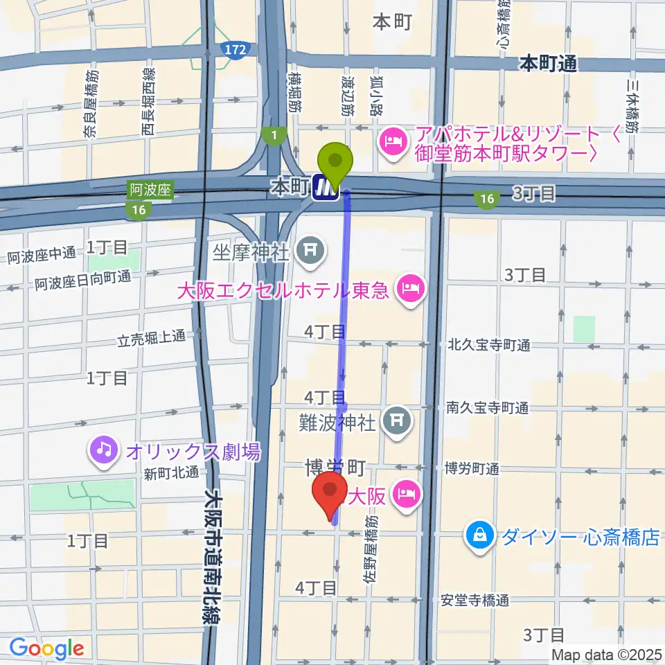 本町駅からESPECIAL RECORDSへのルートマップ地図