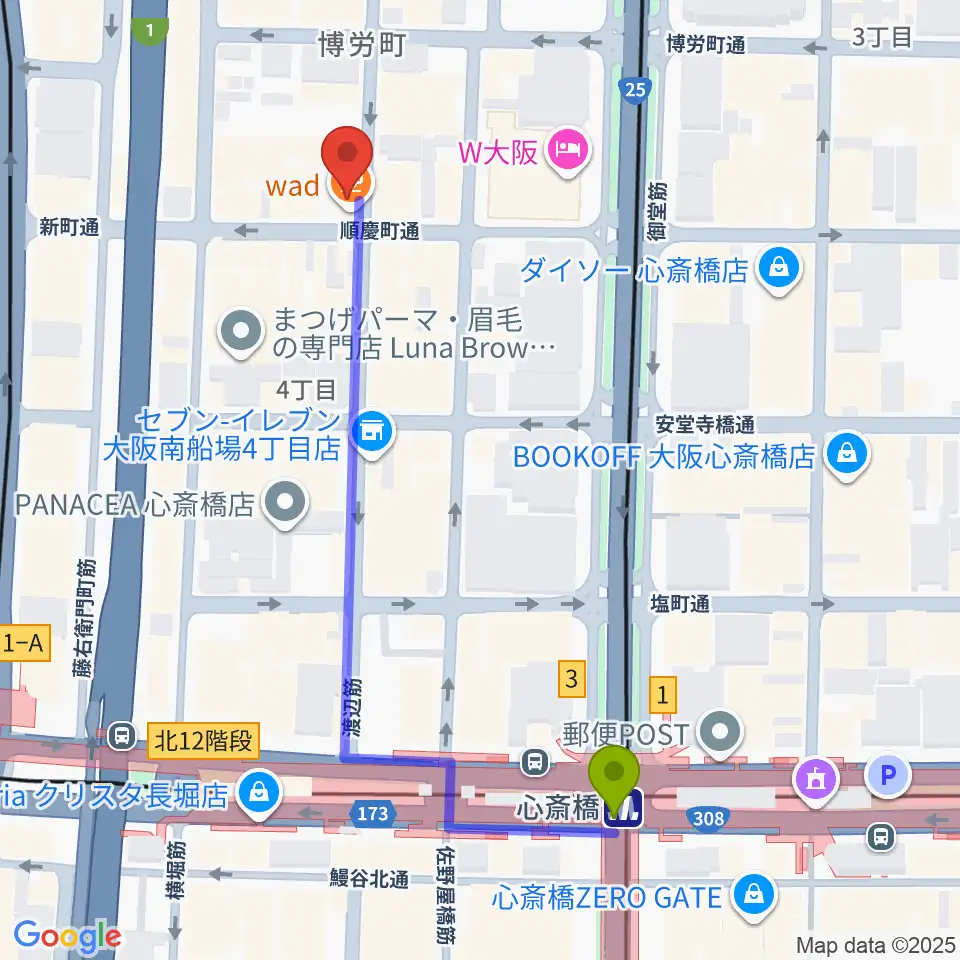 ESPECIAL RECORDSの最寄駅心斎橋駅からの徒歩ルート（約6分）地図