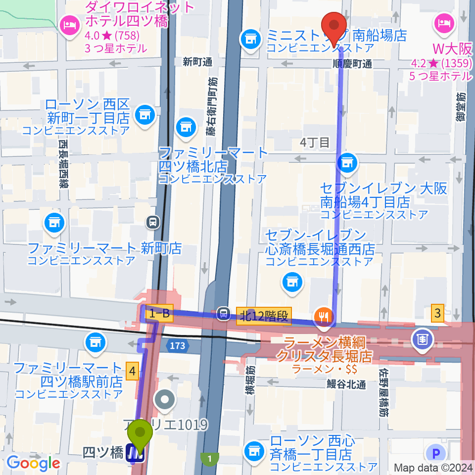 四ツ橋駅からESPECIAL RECORDSへのルートマップ地図