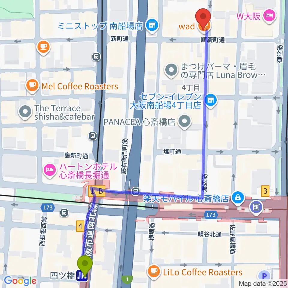 四ツ橋駅からESPECIAL RECORDSへのルートマップ地図