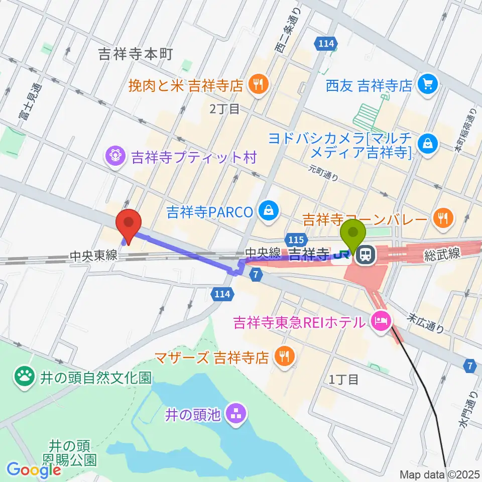 ココナッツディスク吉祥寺店の最寄駅吉祥寺駅からの徒歩ルート（約7分）地図