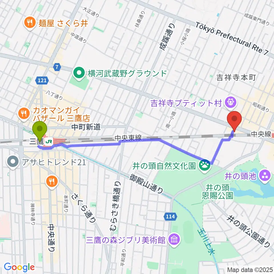 三鷹駅からココナッツディスク吉祥寺店へのルートマップ地図