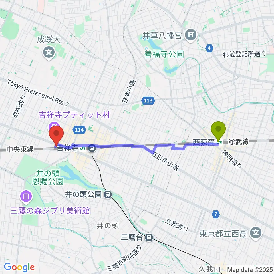 西荻窪駅からココナッツディスク吉祥寺店へのルートマップ地図
