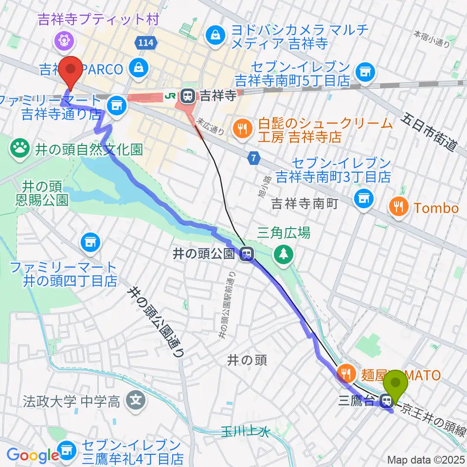 三鷹台駅からココナッツディスク吉祥寺店へのルートマップ地図