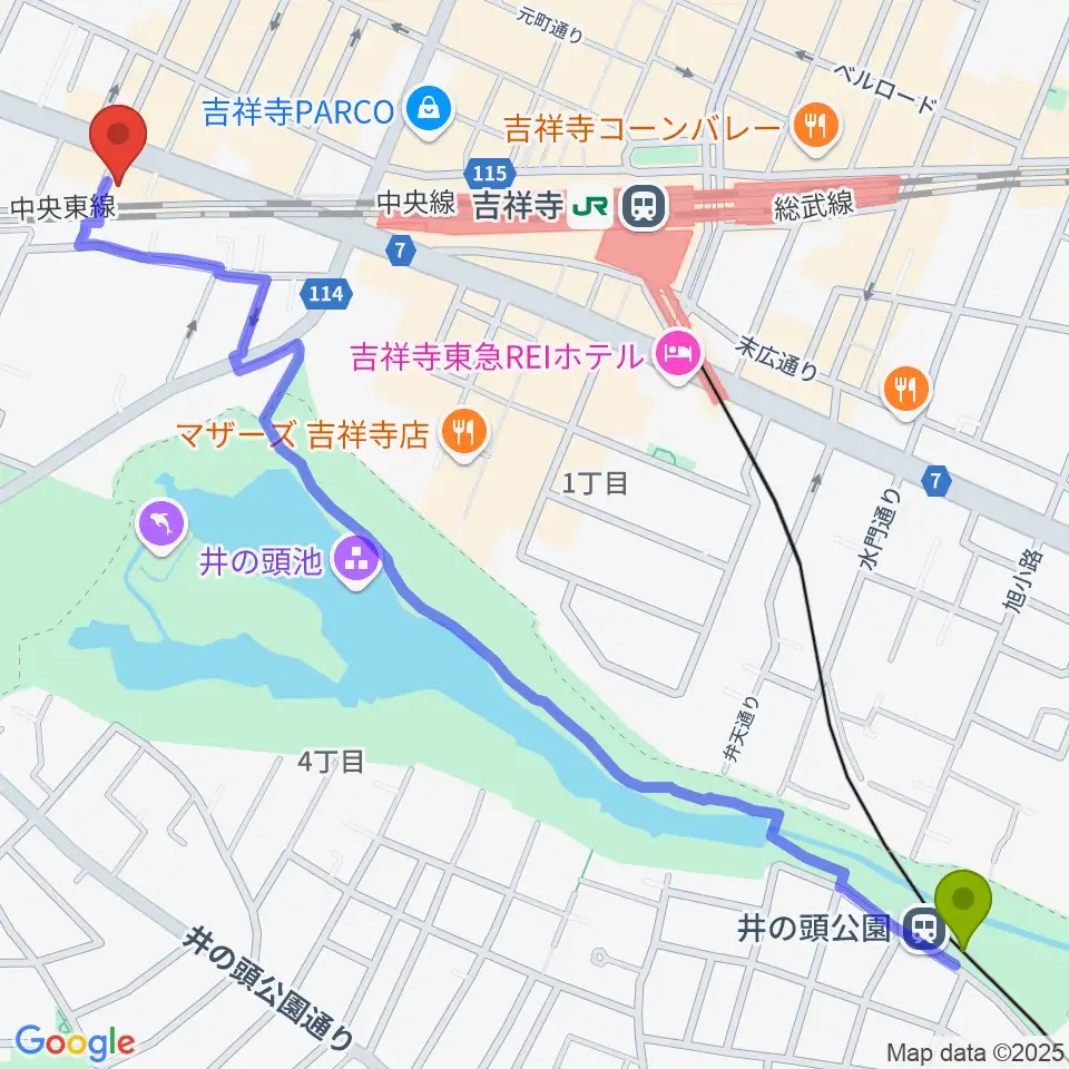 井の頭公園駅からココナッツディスク吉祥寺店へのルートマップ地図